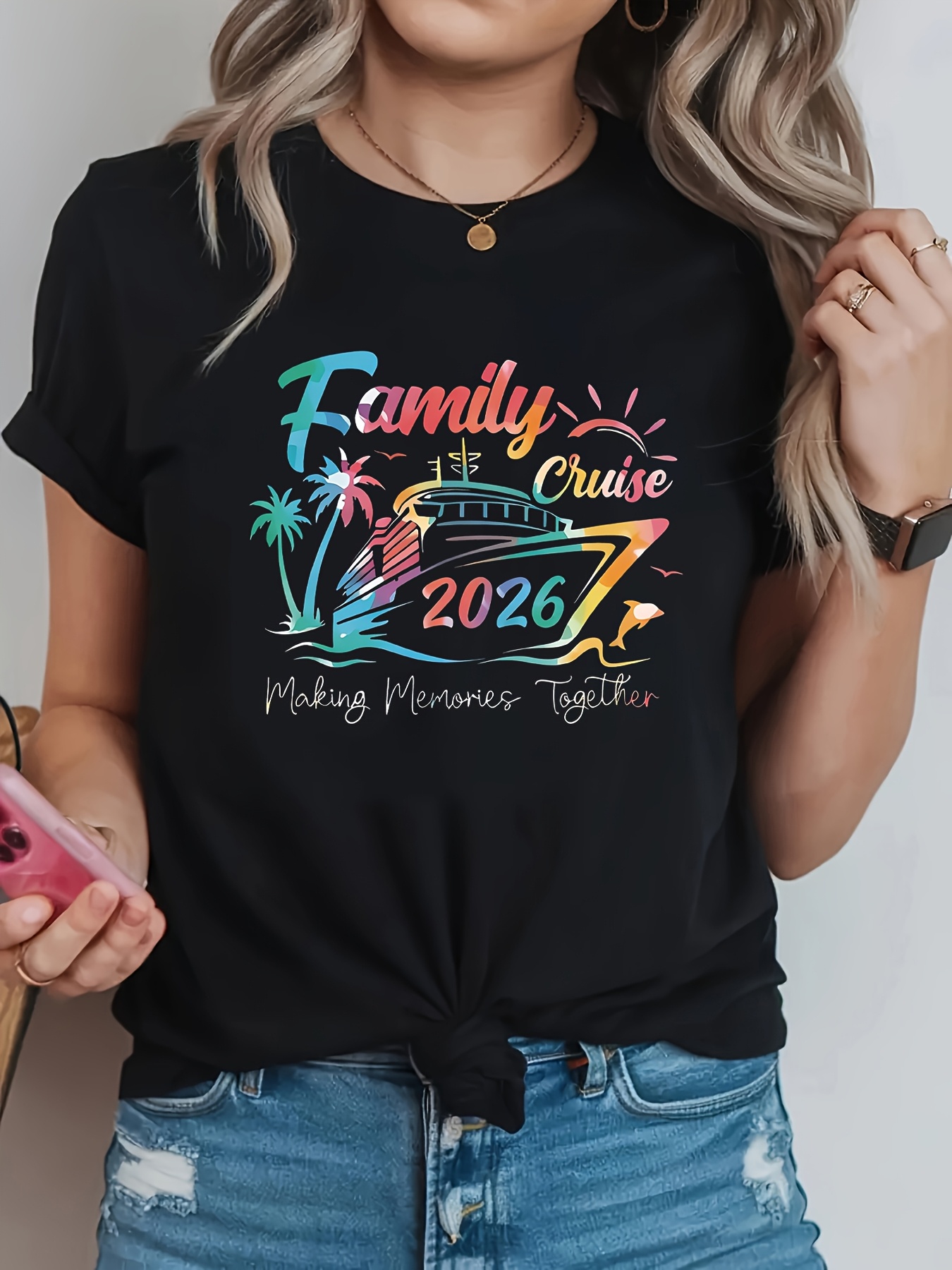 Family Tree Print - Kaos Wanita Ukuran Besar Kasual Leher